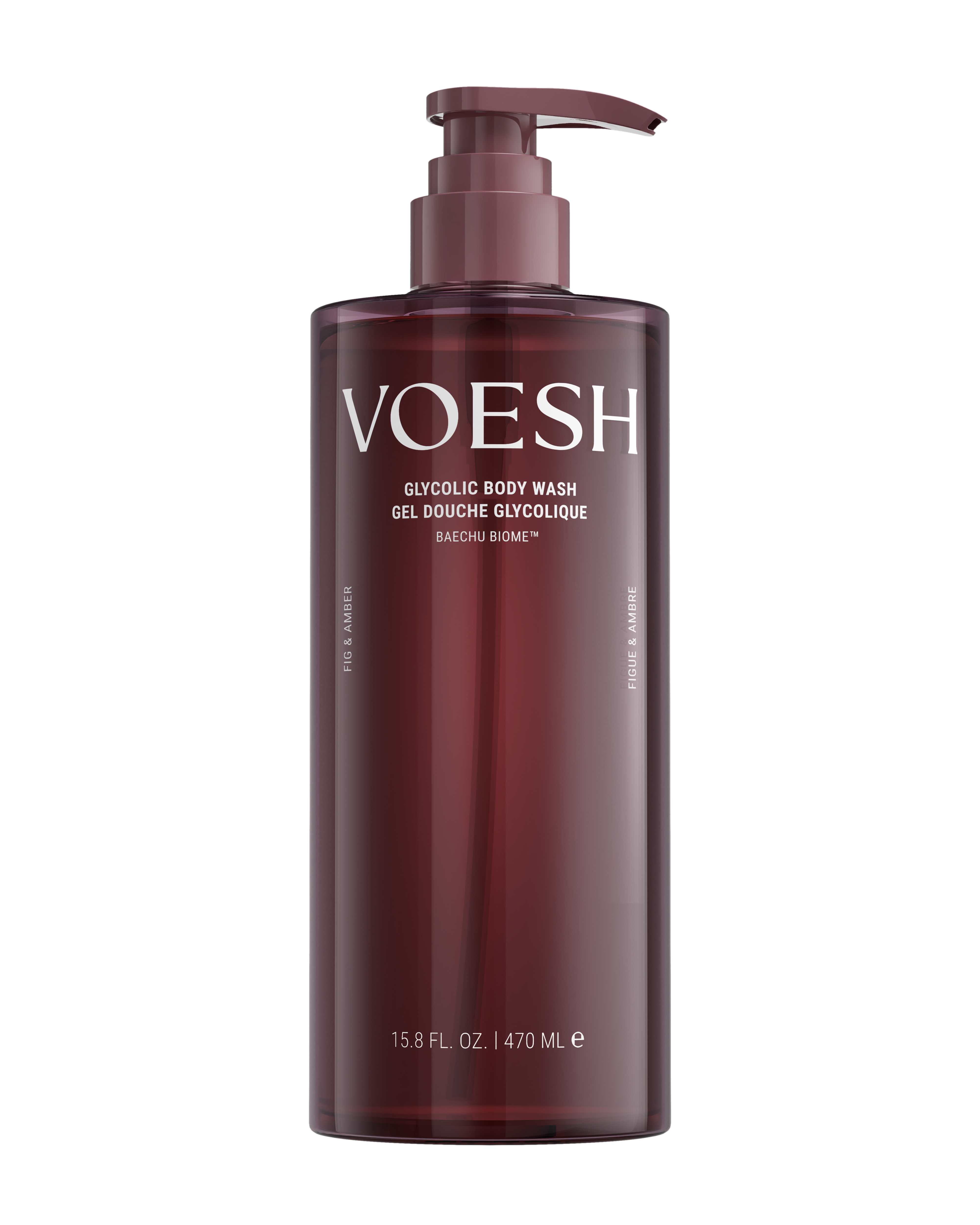 VOESH Glycolic Body Wash in a 15.8 fl. oz. (470 ml) translucent dark burgundy pump bottle, shown on a solid white background.