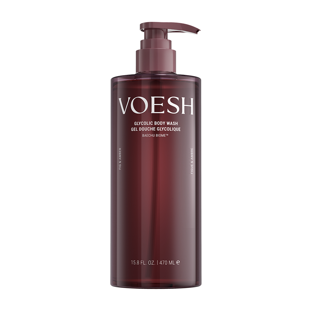 Bottle of VOESH Glycolic Body Wash - Fig & Amber on a white background