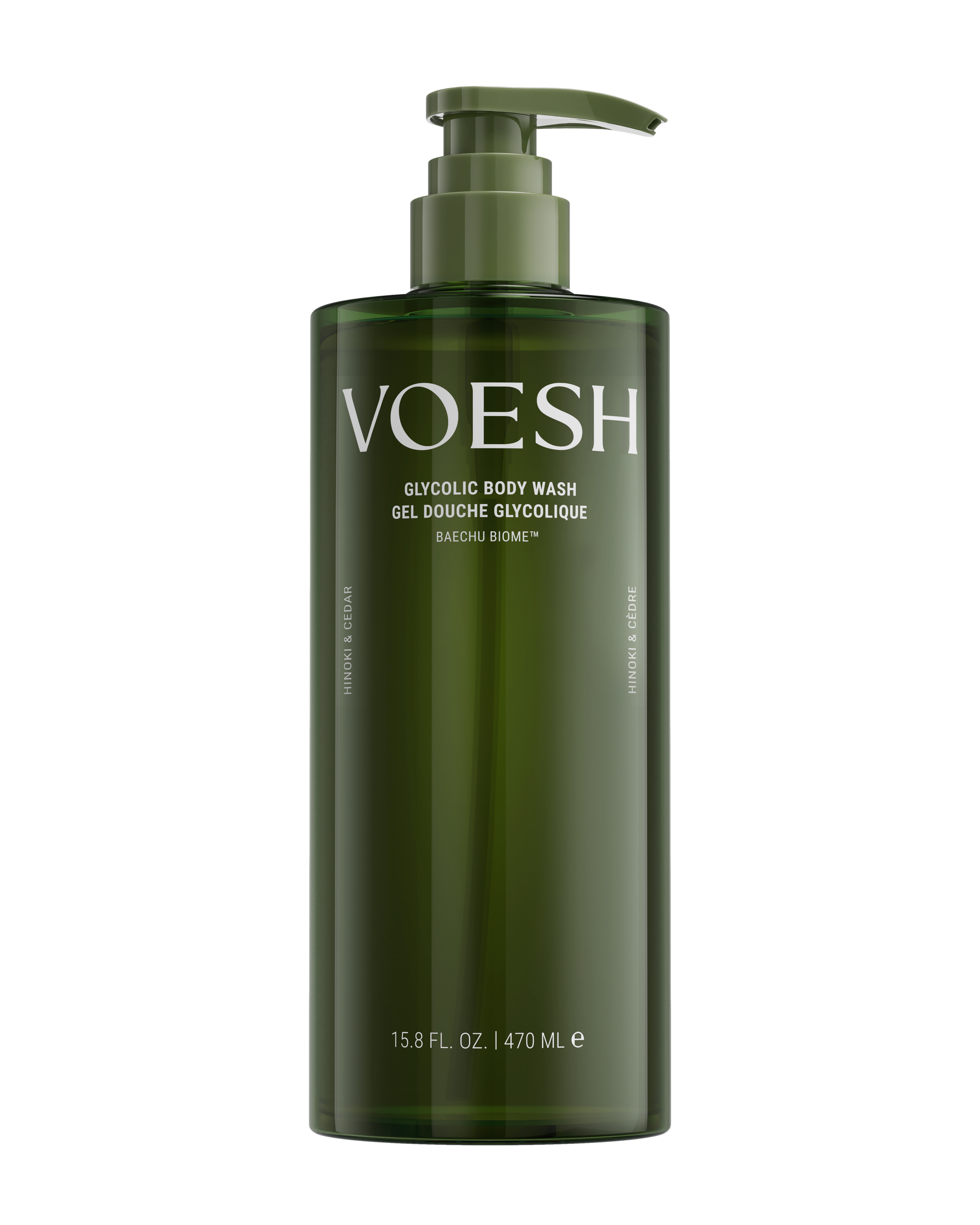Bottle of VOESH Glycolic Body Wash - Hinoki & Cedar on a white background