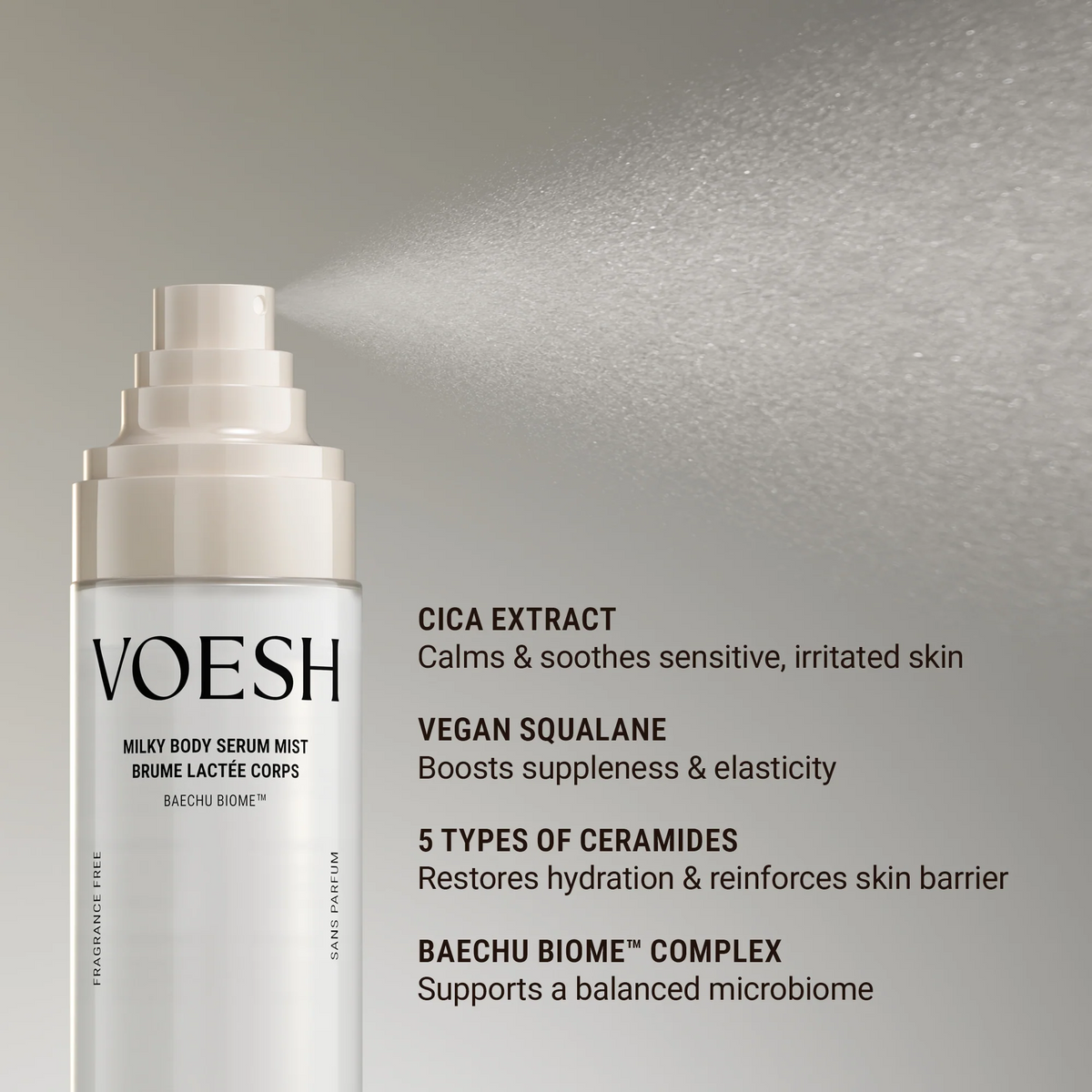 VOESH Milky Body Serum Mist with product features listed on a gray background