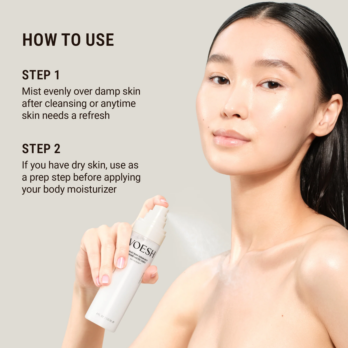 Woman holding a Voesh product with usage instructions on a plain background