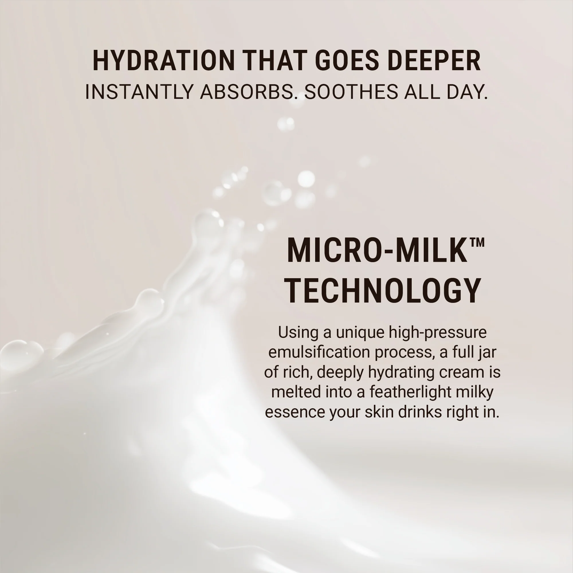 Promotional skincare graphic with text reading 'HYDRATION THAT GOES DEEPER' and 'MICRO-MILK TECHNOLOGY' over a soft beige background with white cream splash imagery.