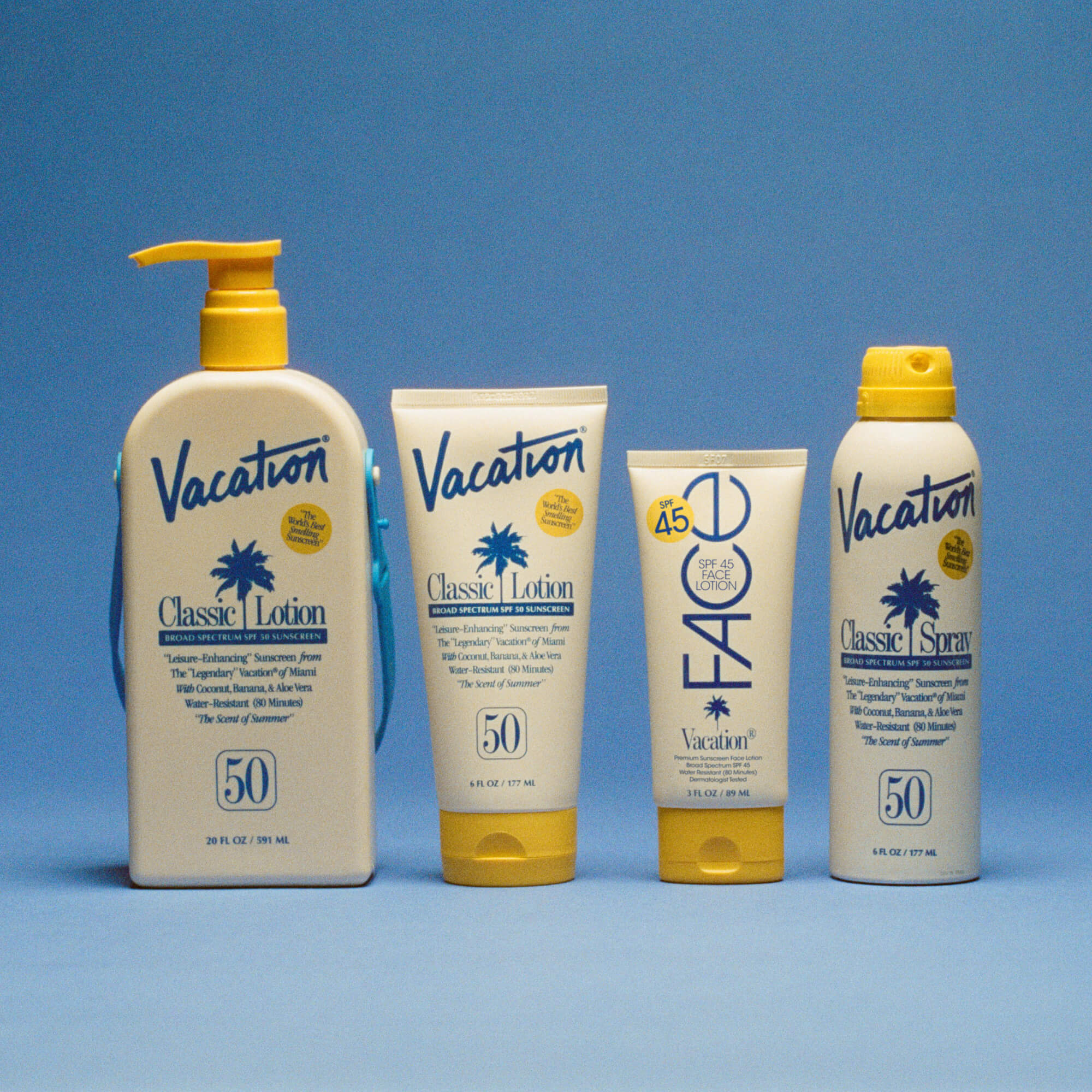 Sunscreen products including a pump bottle, tube, and spray can on a blue background