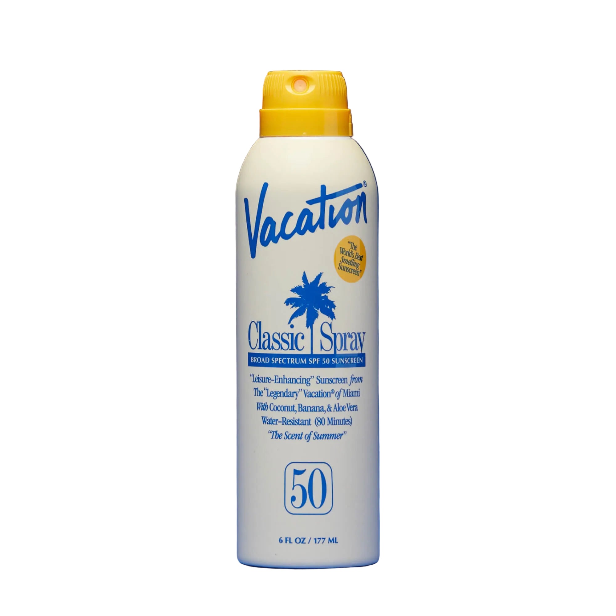 Vacation Classic Spray sunscreen bottle on a blue background