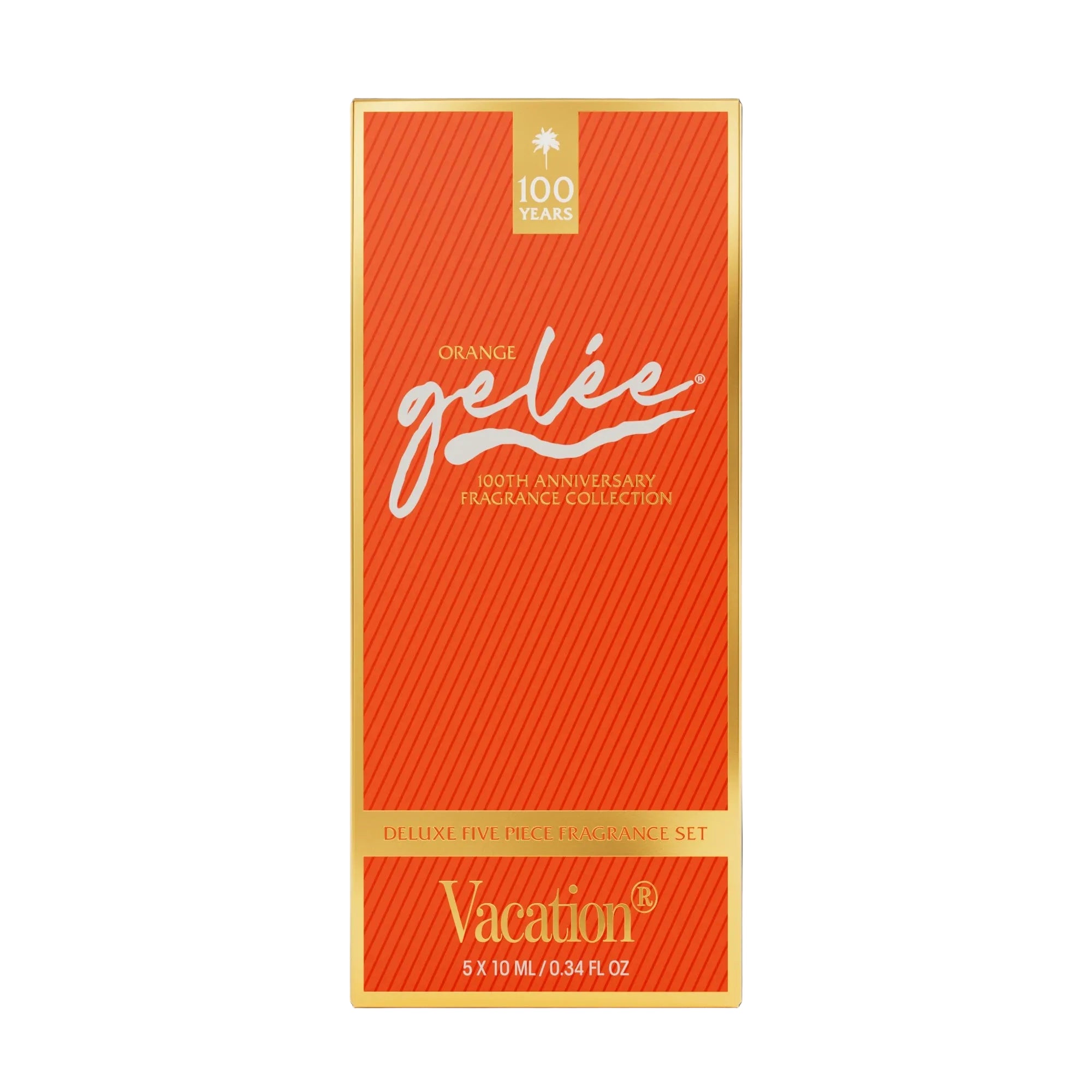 Orange Gelee 'Vacation' fragrance set packaging on a black background