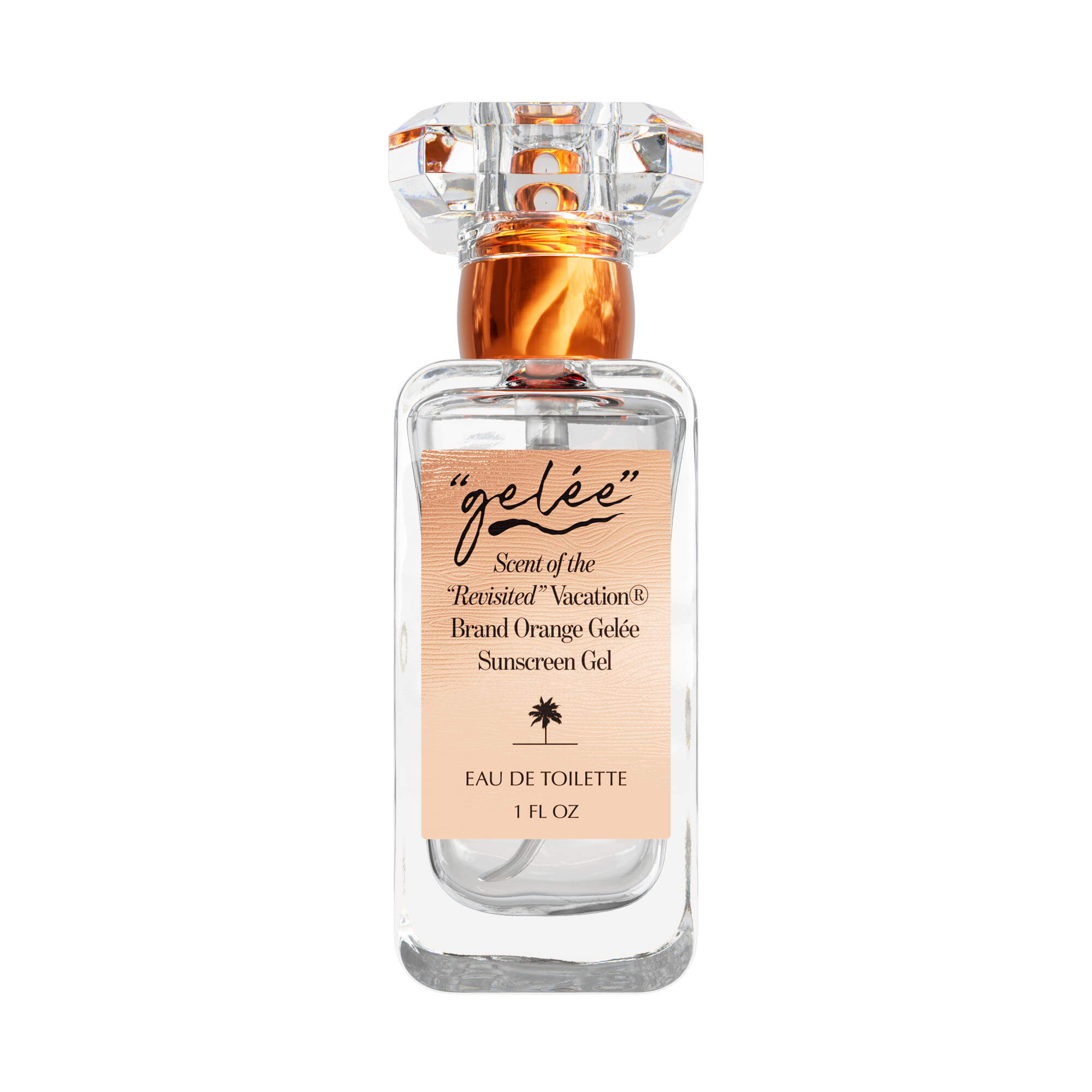 Clear glass bottle with orange cap labeled 'geée' on a white background