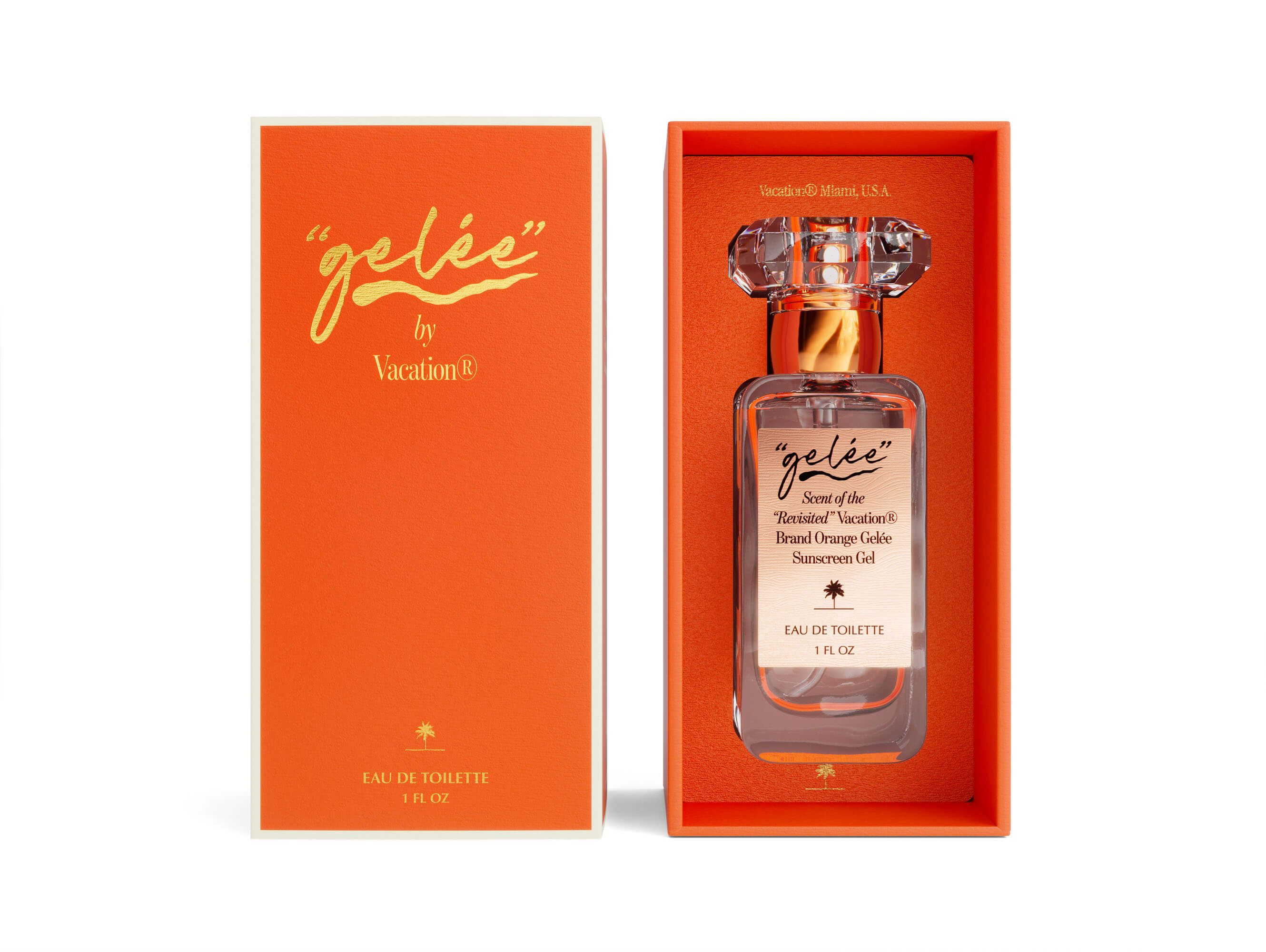 Perfume bottle with packaging labeled 'geée by Vacation RI' on a white background