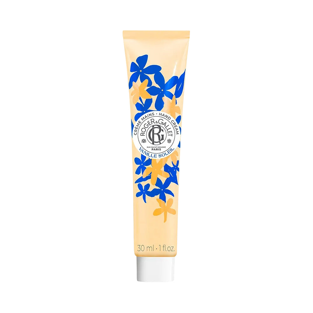 Tube of Roger & Gallet hand cream with blue floral design on a white background