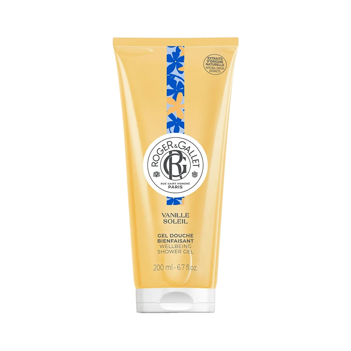Tube of Roger & Gallet shower gel on a white background