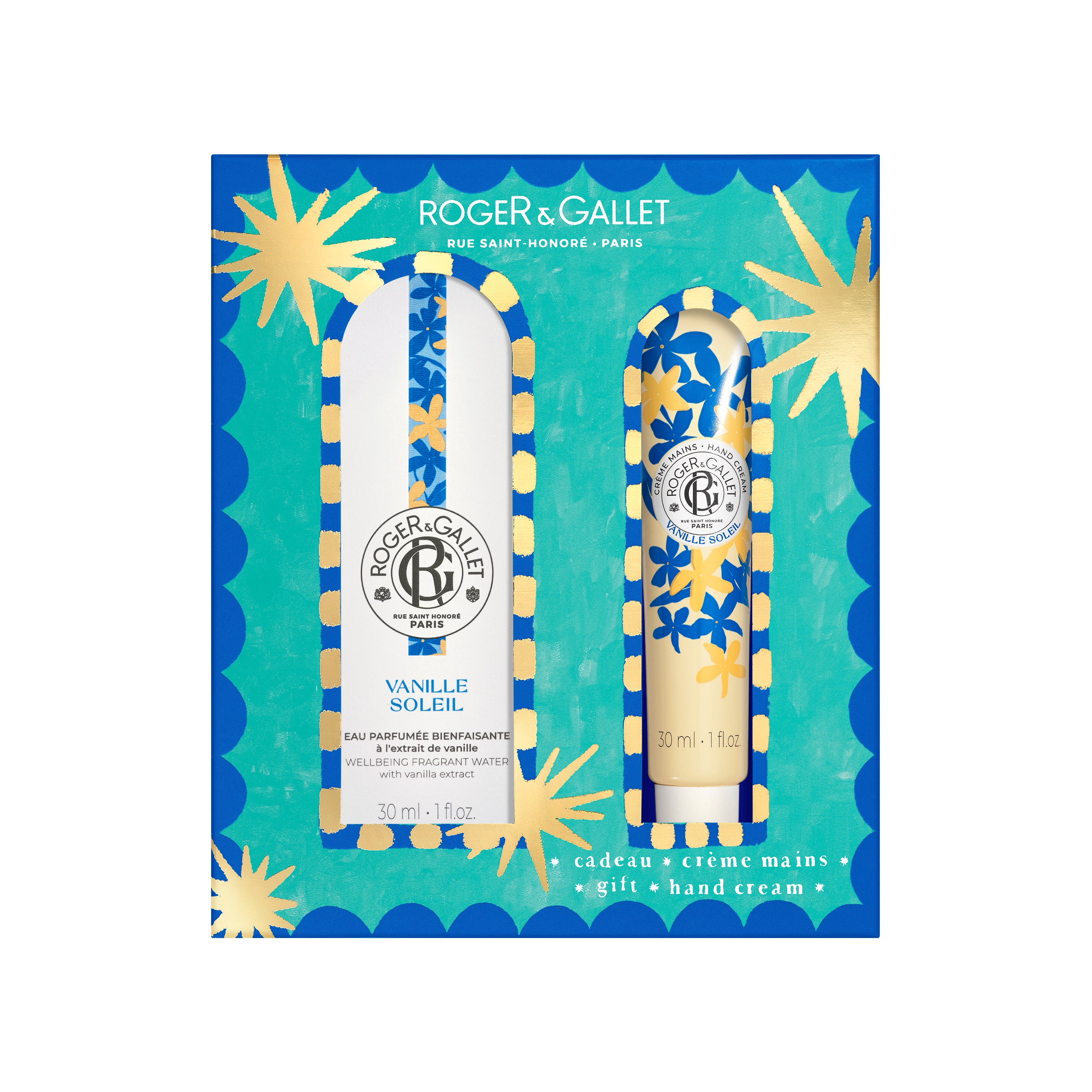 Roger & Gallet Vanille Soleil gift set packaging with two products on a blue background