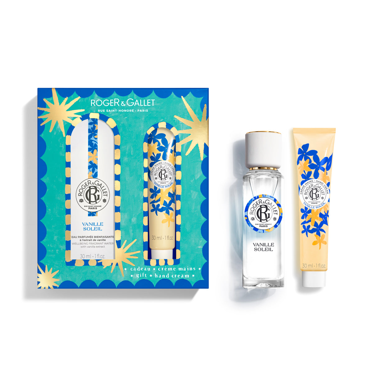Roger & Gallet Vanille Soleil skincare set with packaging on a white background