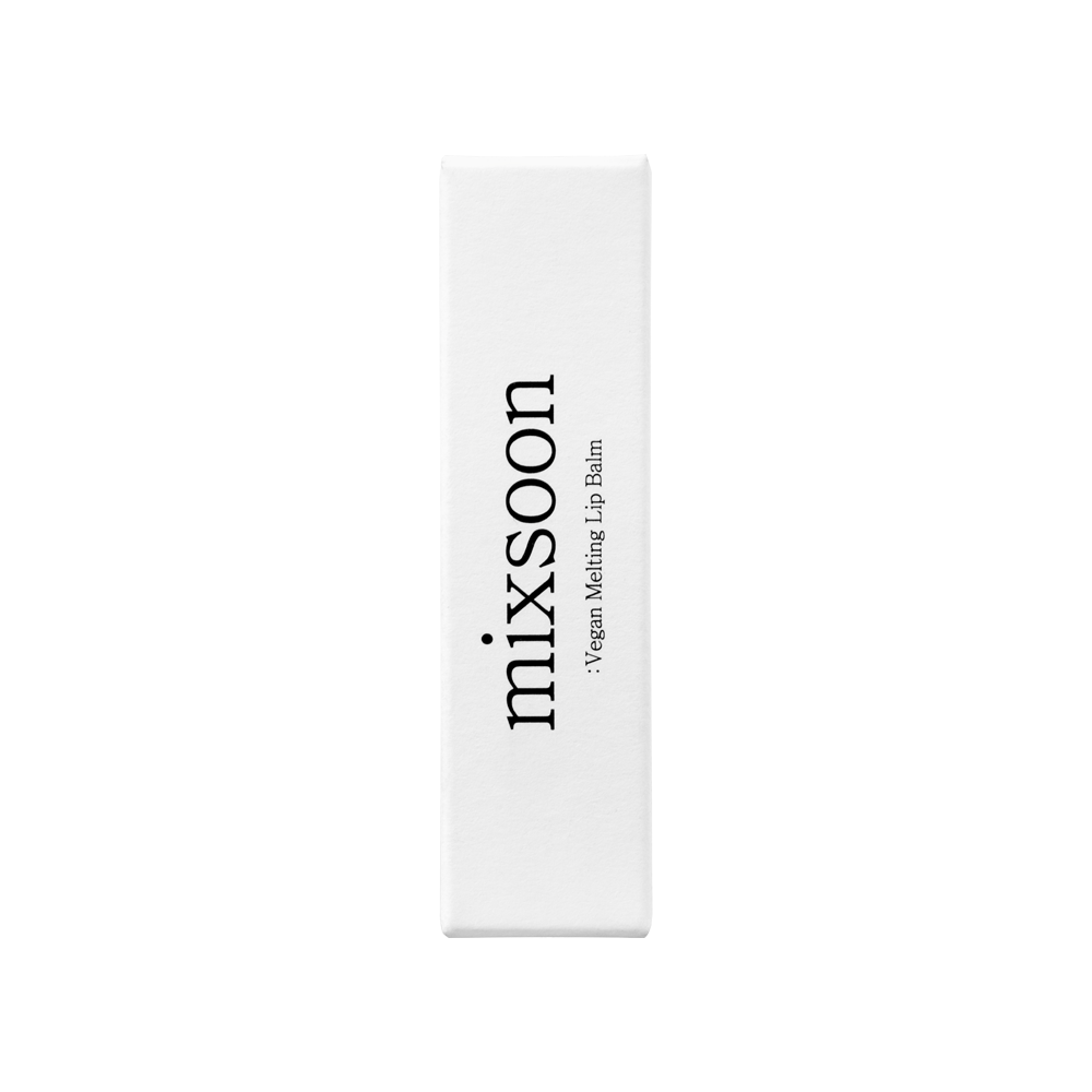 A tall, slim white rectangular box for Mixsoon Vegan Melting Lip Balm, featuring black text on a clean white background.