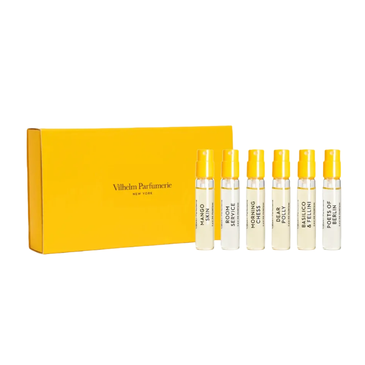 A yellow Vilhelm Parfumerie box with six small clear spray vials featuring bright yellow caps, arranged on a clean white background.