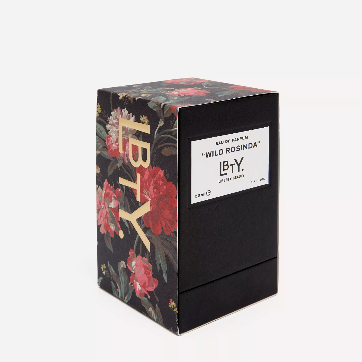 Perfume box with floral design and 'LBY' branding on a white background