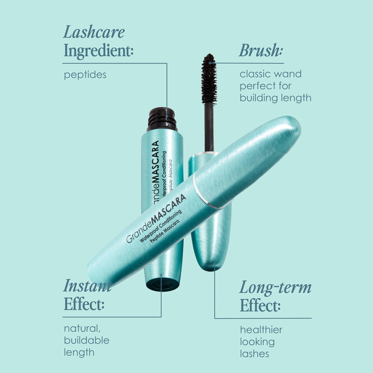 Mascara with brush and product details on a light blue background
