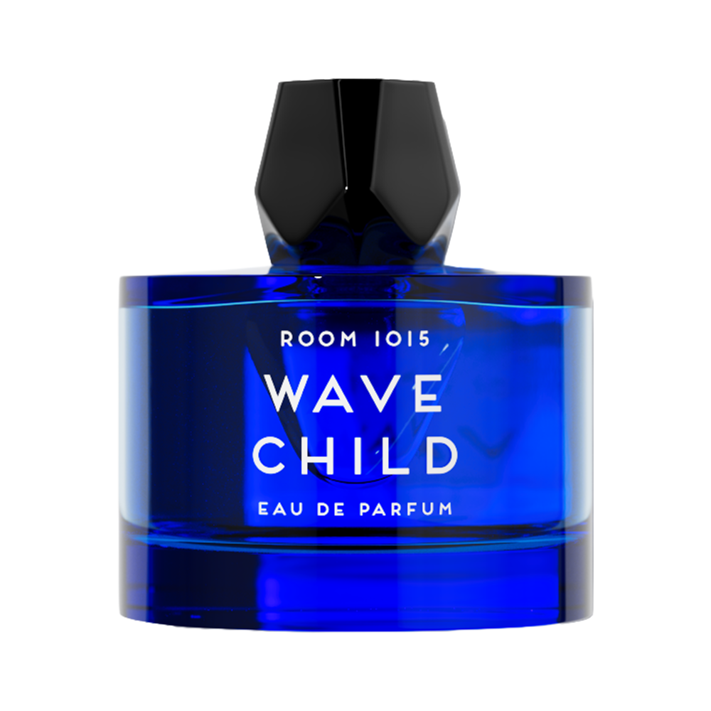 A bottle of Room 1015 Wave Child Eau de Parfum with a vibrant blue glass body and a faceted black cap, set against a plain white background.