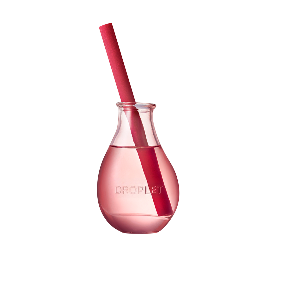 A clear glass dropper bottle filled with pink liquid, featuring a red straw and the word 'DROPLET' embossed on the front, set against a solid white background.