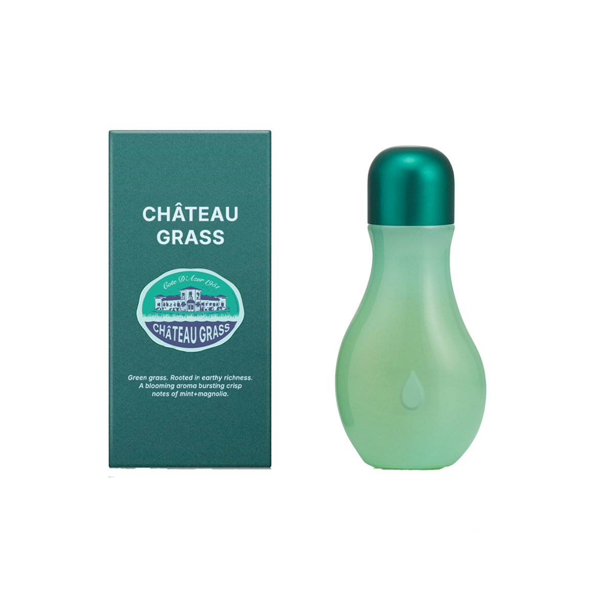 Château Grass perfume bottle in a translucent mint green shade with a metallic teal cap, shown next to its dark teal packaging box on a plain white background.