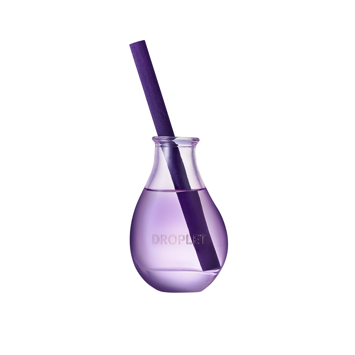 A purple droplet-shaped glass bottle with a matching purple straw, shown on a plain white background. The bottle is embossed with the brand name 'DROPLET'.