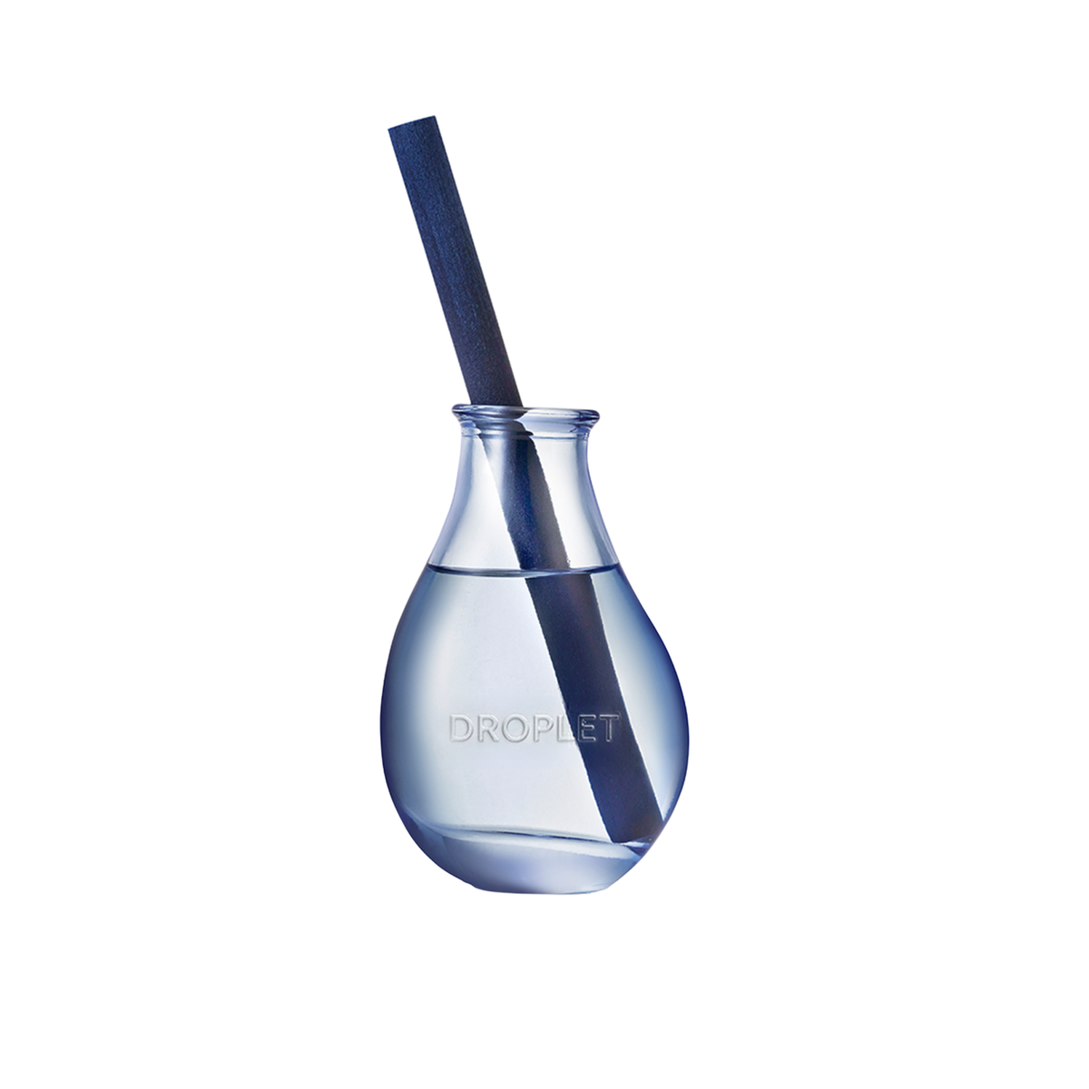 A clear glass droplet-shaped diffuser bottle filled with water, featuring a dark navy blue reed inside and the word 'DROPLET' embossed on the front, set against a solid white background.