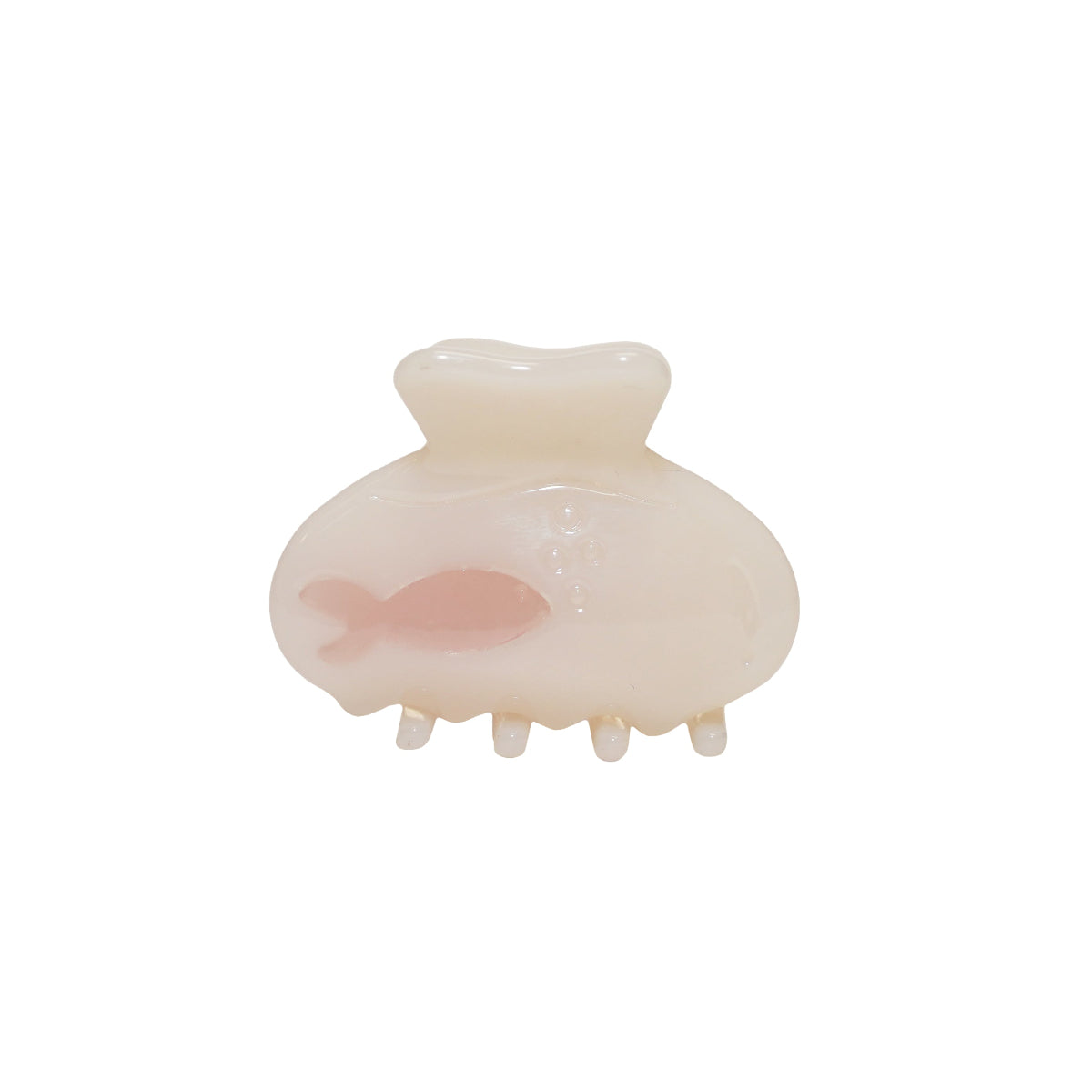 A small translucent cream-colored hair claw clip with a pink fish design molded into the front, shown on a plain white background.