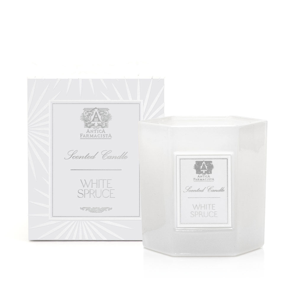 Antica White spruce scented candle with packaging on a white background