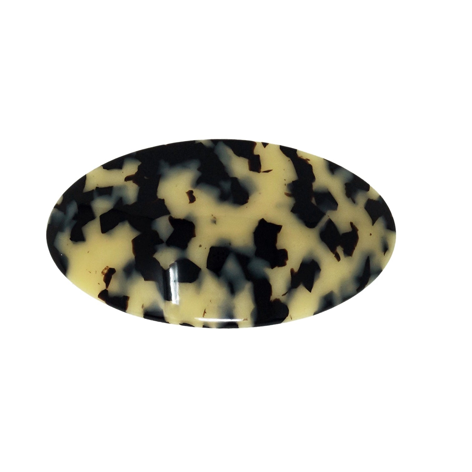 Oval-shaped stone with black and yellow pattern on a white background
