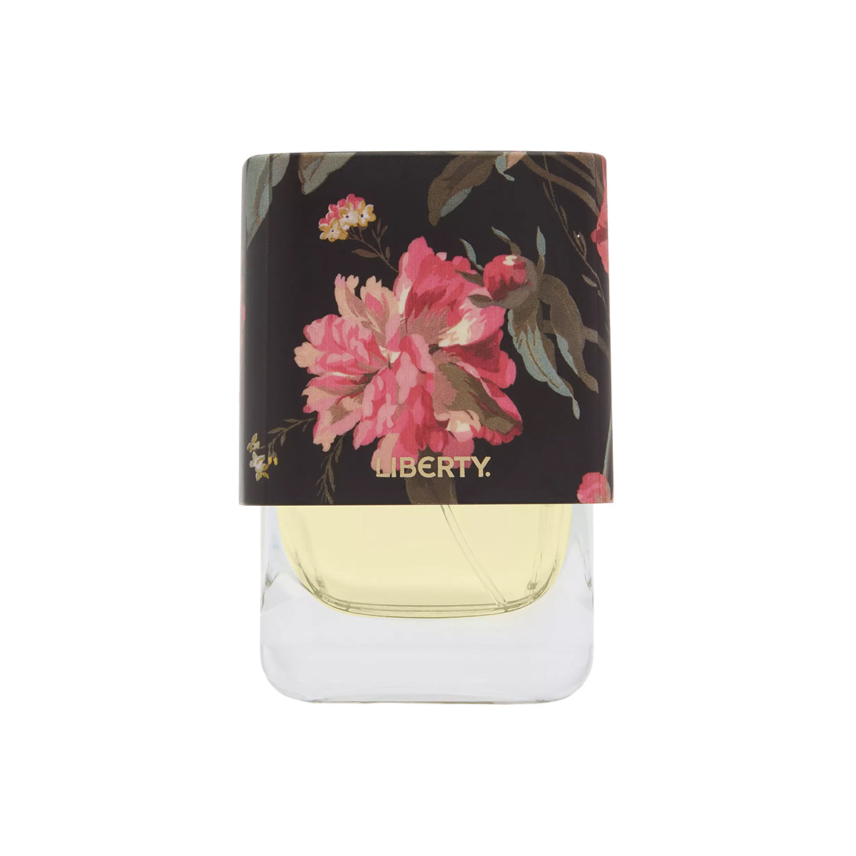 Perfume bottle with floral label on a white background
