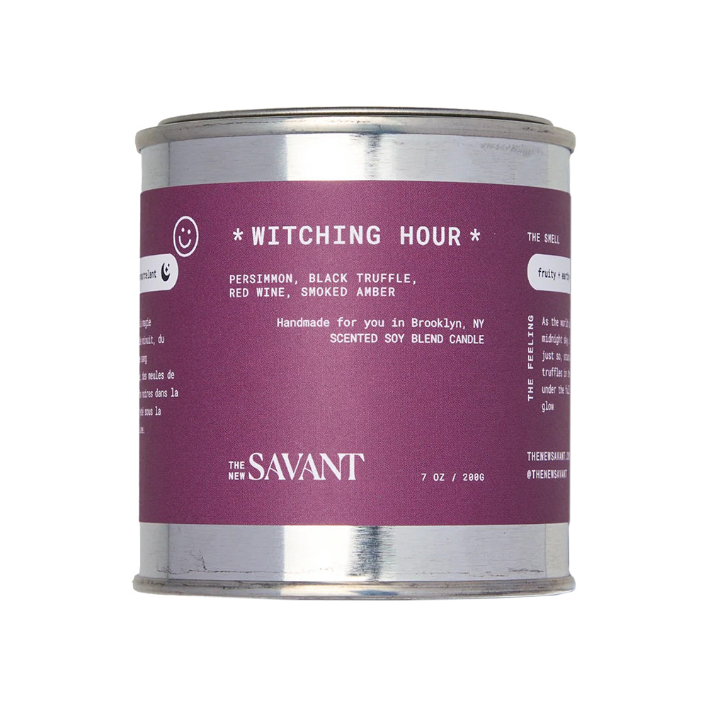 Scented candle can labeled 'Witching Hour' by The Savant on a white background