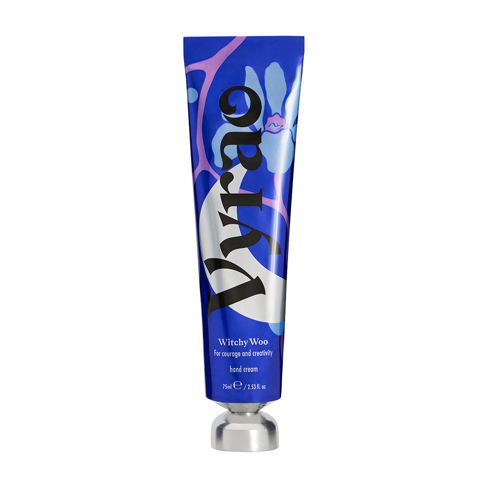 Blue tube of Pyrao Witchy Woo hand cream on a white background