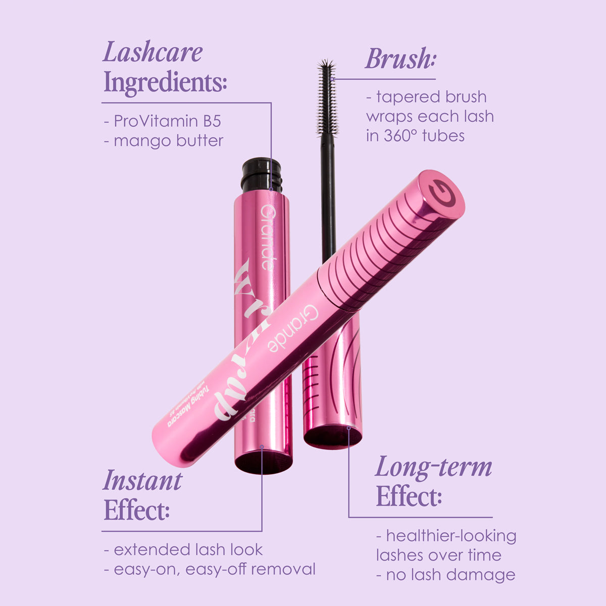 Pink lash care product with text detailing ingredients, brush features, and effects on a purple background