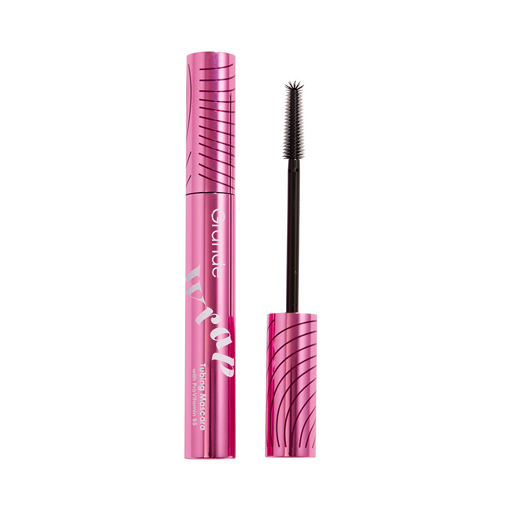 Pink mascara with black wand on a white background