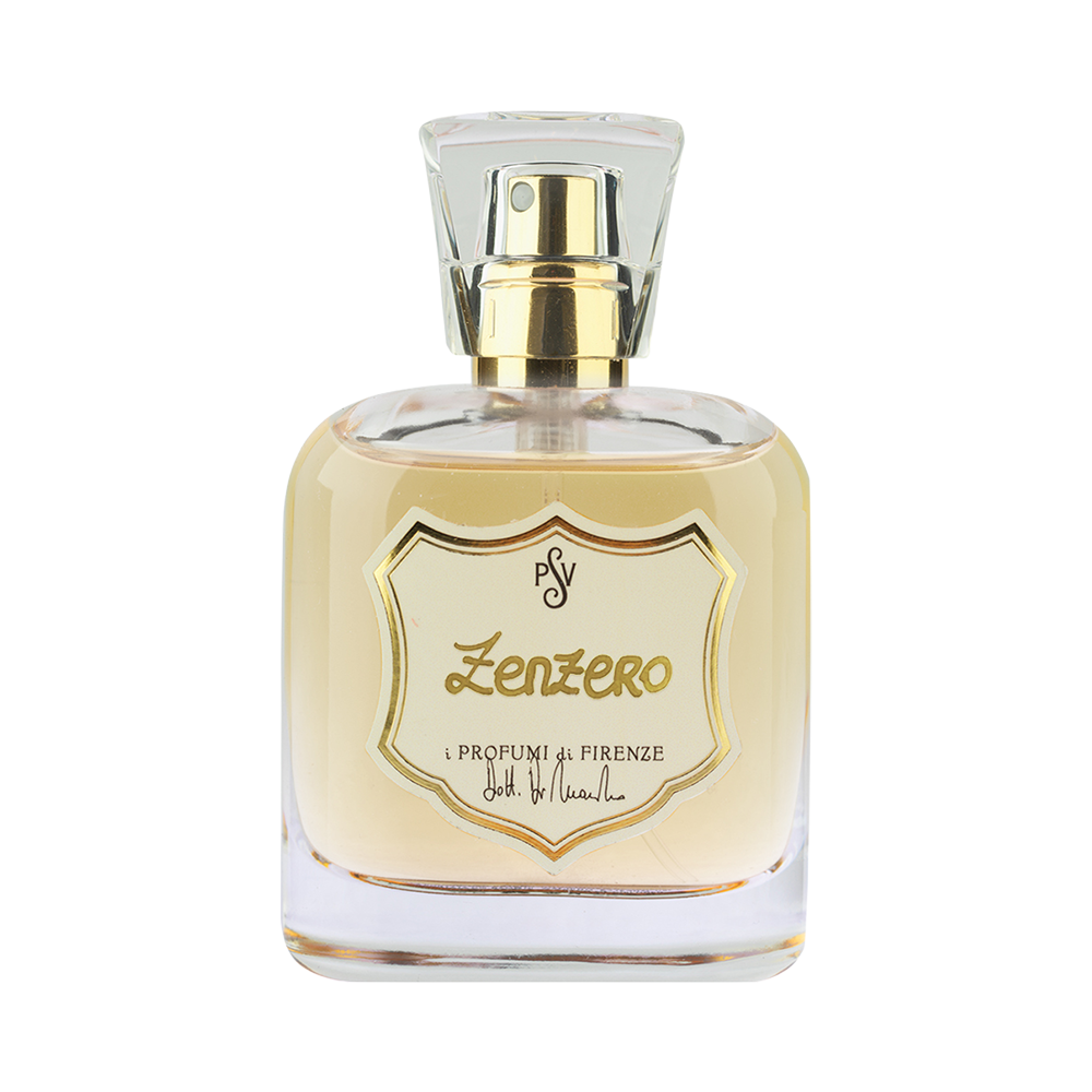 A bottle of Zenzero by i Profumi di Firenze, featuring a clear glass bottle filled with pale golden liquid, a gold spray nozzle, and a gold shield-shaped label on a white background.