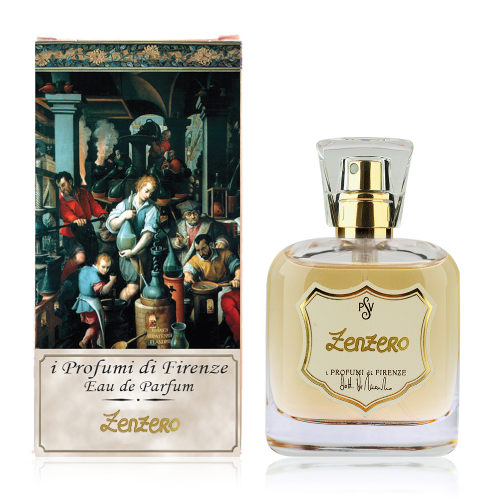 A bottle of Zenzero Eau de Parfum next to its illustrated packaging box. The clear glass bottle contains a pale golden-yellow liquid and features a gold spray cap and a gold shield-shaped label with the name 'Zenzero' and 'i Profumi di Firenze'.