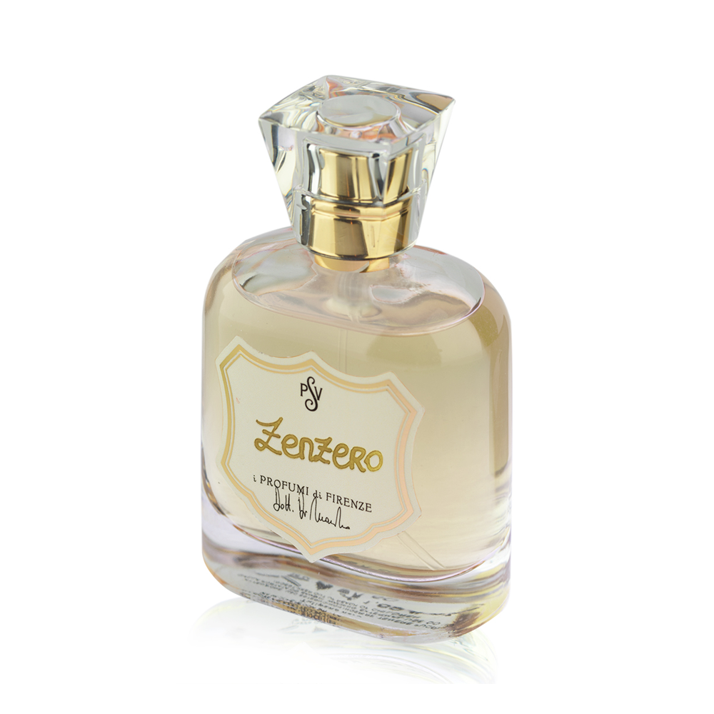 A bottle of Zenzero by i Profumi di Firenze, featuring a clear glass bottle with a gold collar and a cream-colored label, set against a plain white background.