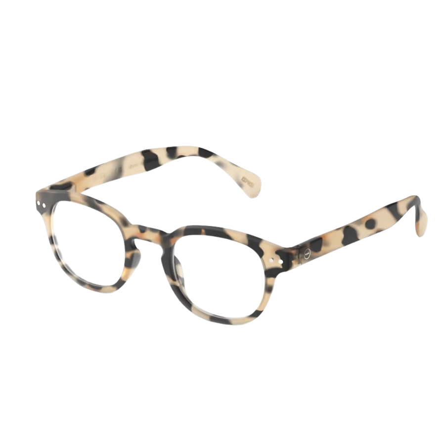 Round eyeglasses with a light tortoiseshell pattern on a white background