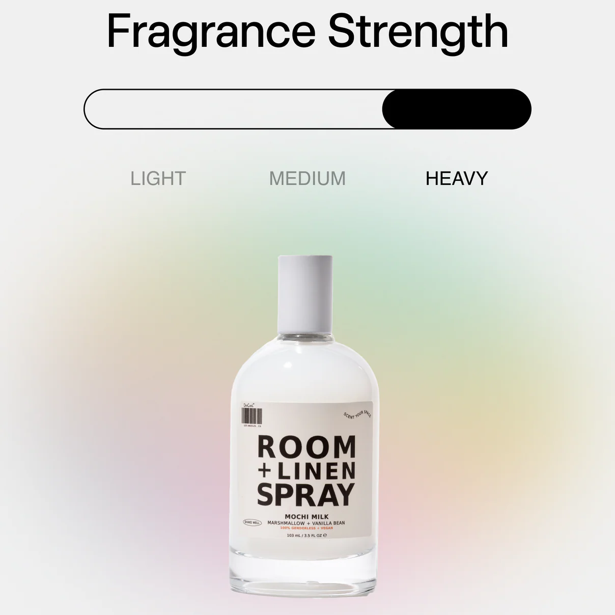 Room and linen spray with 'fragrance strength' slide scale indicating a 'heavy' fragrance.