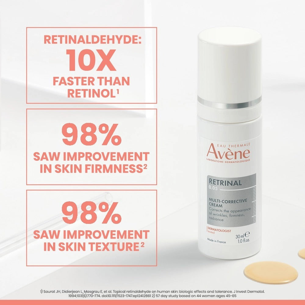 Avene Retinol cream with text highlighting its benefits on a white background