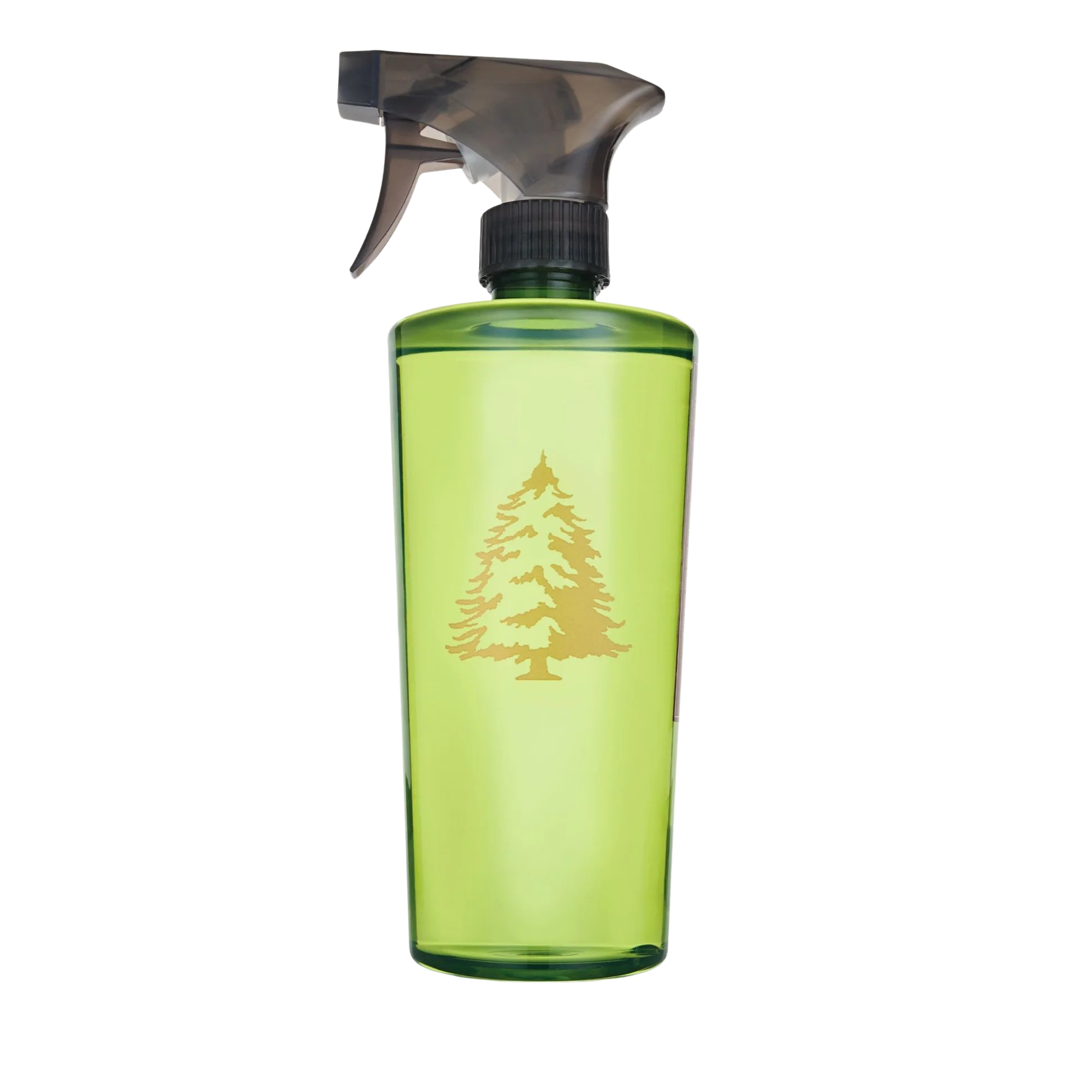 Green spray bottle with a tree design on a white background