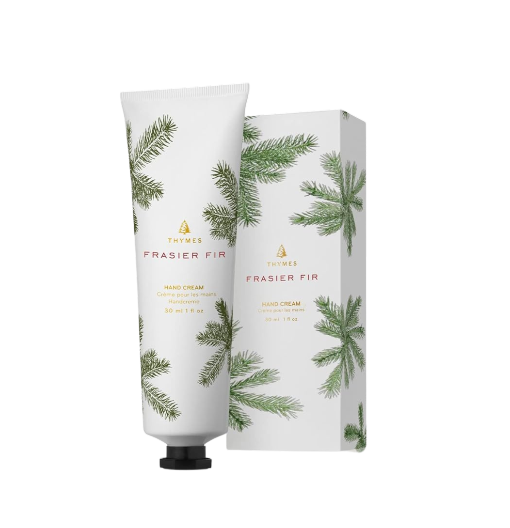 Thymes Frasier Fir hand cream with packaging on a white background