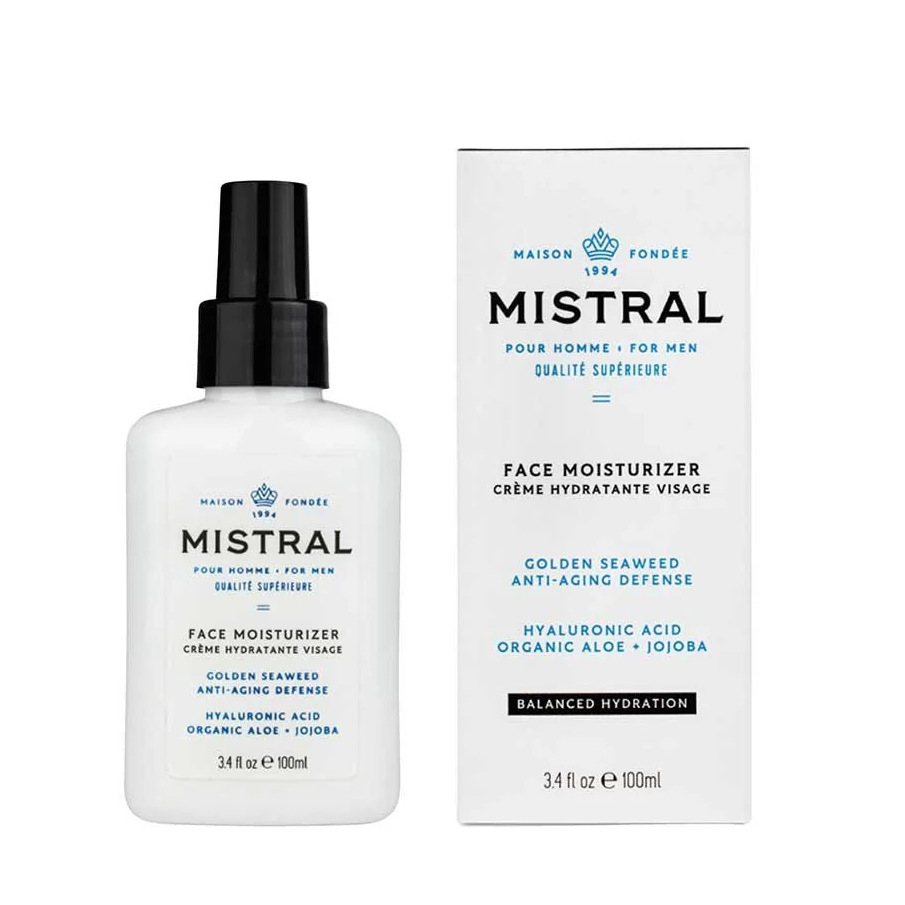 Mistral face moisturizer bottle and packaging on a white background