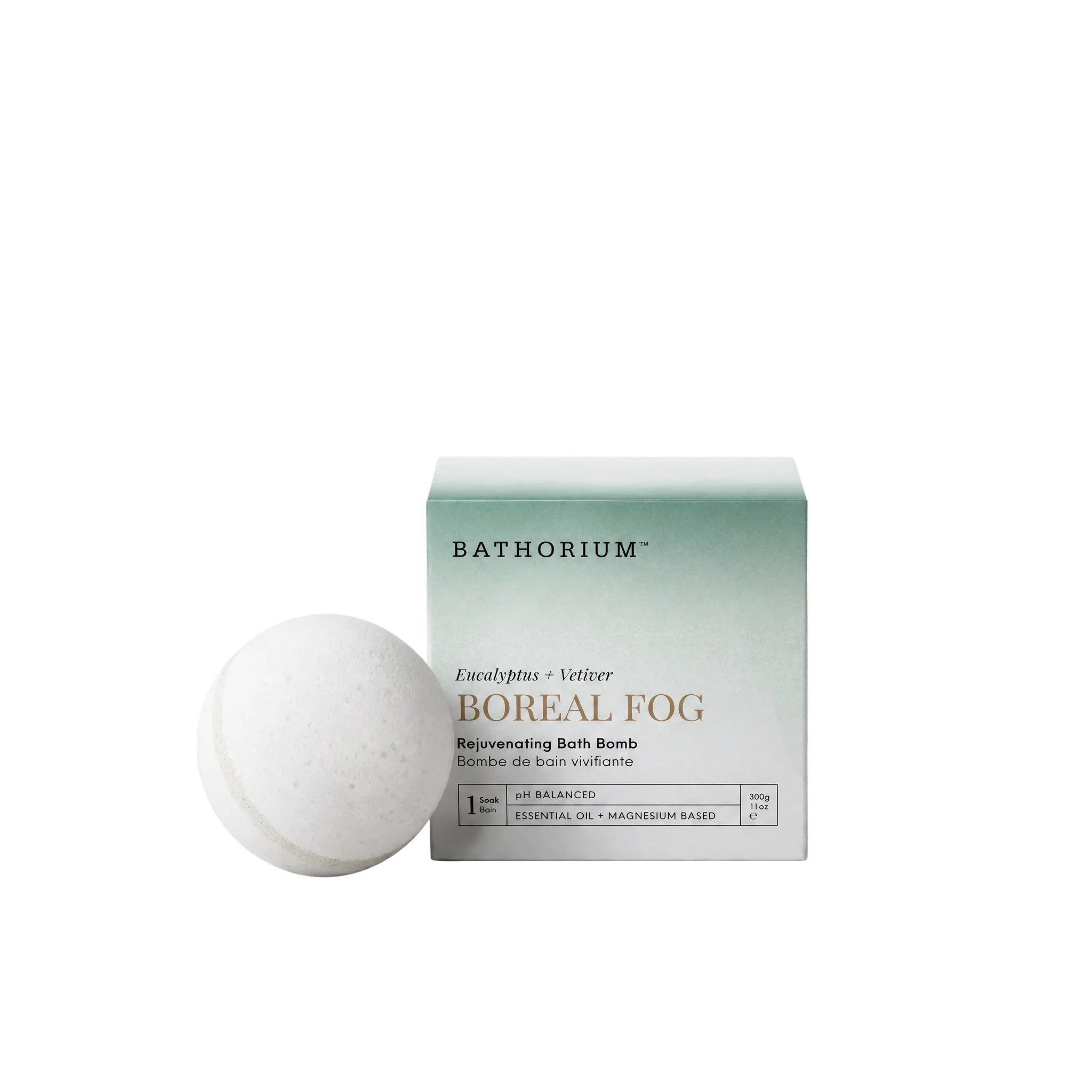 Bath bomb and packaging with 'Bathorium' branding on a white background