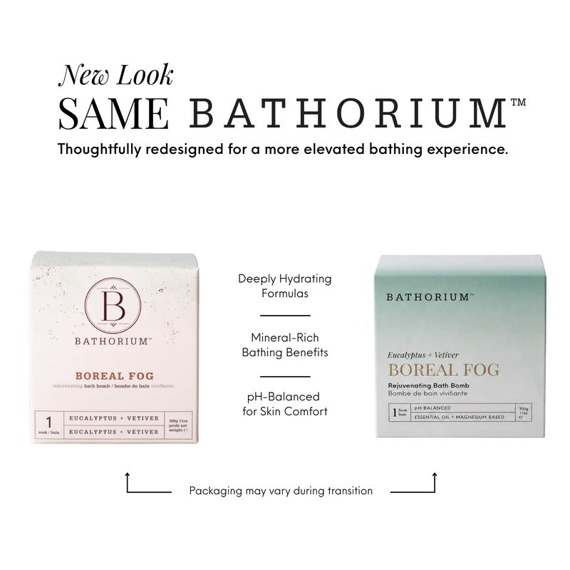 Two Bathorium Boreal Fog bath bomb boxes shown on a white background with marketing text above and below. The left box is pale blush pink and the right box is pale mint green, both labeled BATHORIUM and BOREAL FOG.