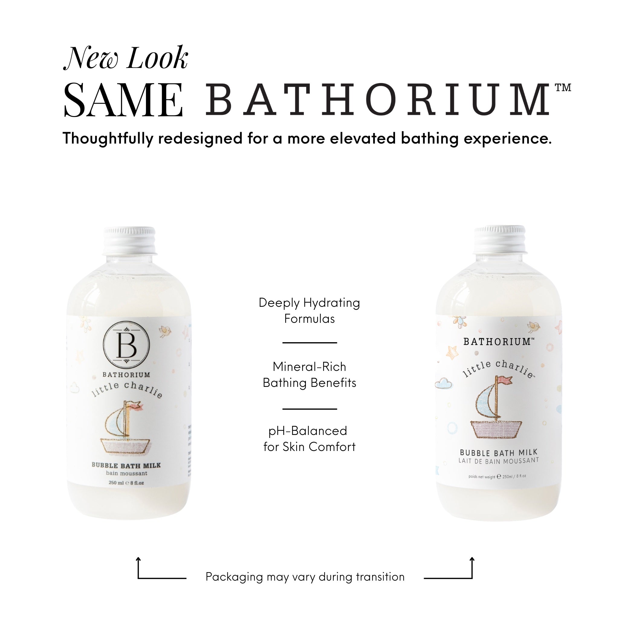 Two bottles of Bathorium bubble bath milk with text about product features on a white background.