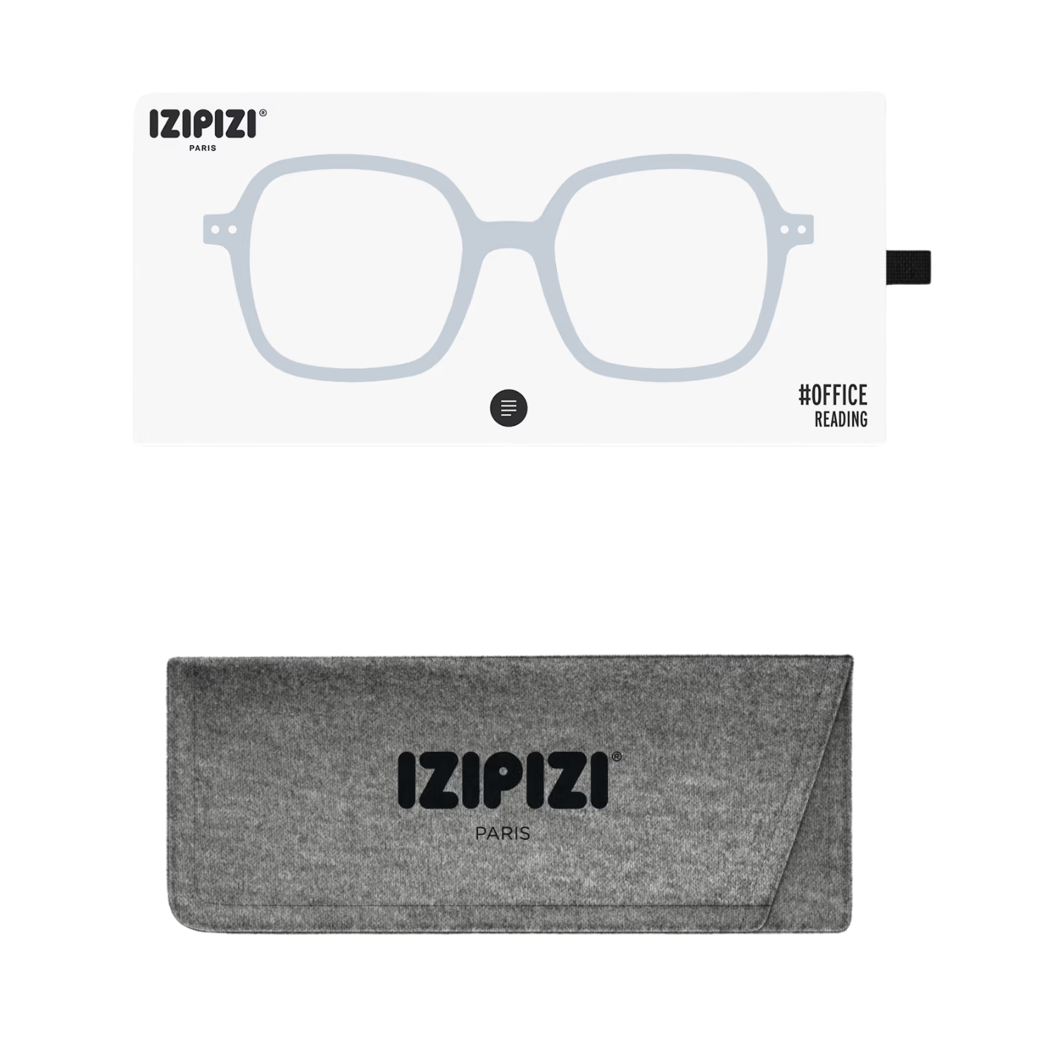 Izipizi eyeglasses with a gray case on a white background