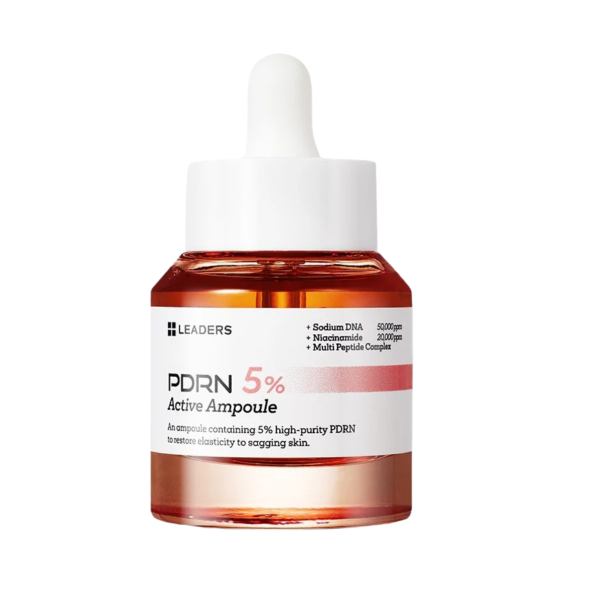 A small amber glass dropper bottle with a white cap and a white label reading LEADERS PDRN 5% Active Ampoule, centered on a plain white background.