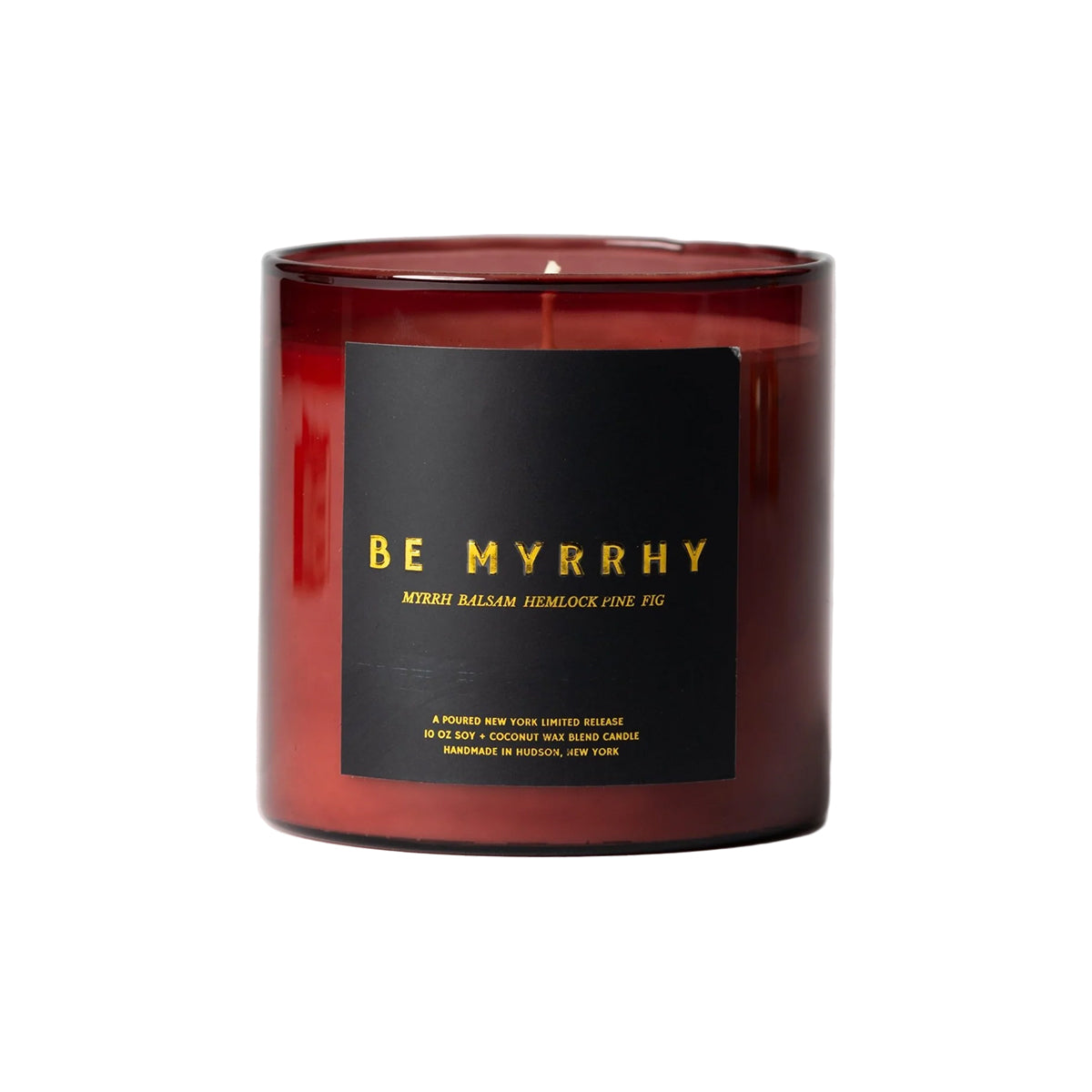 Red candle with a black label on a white background