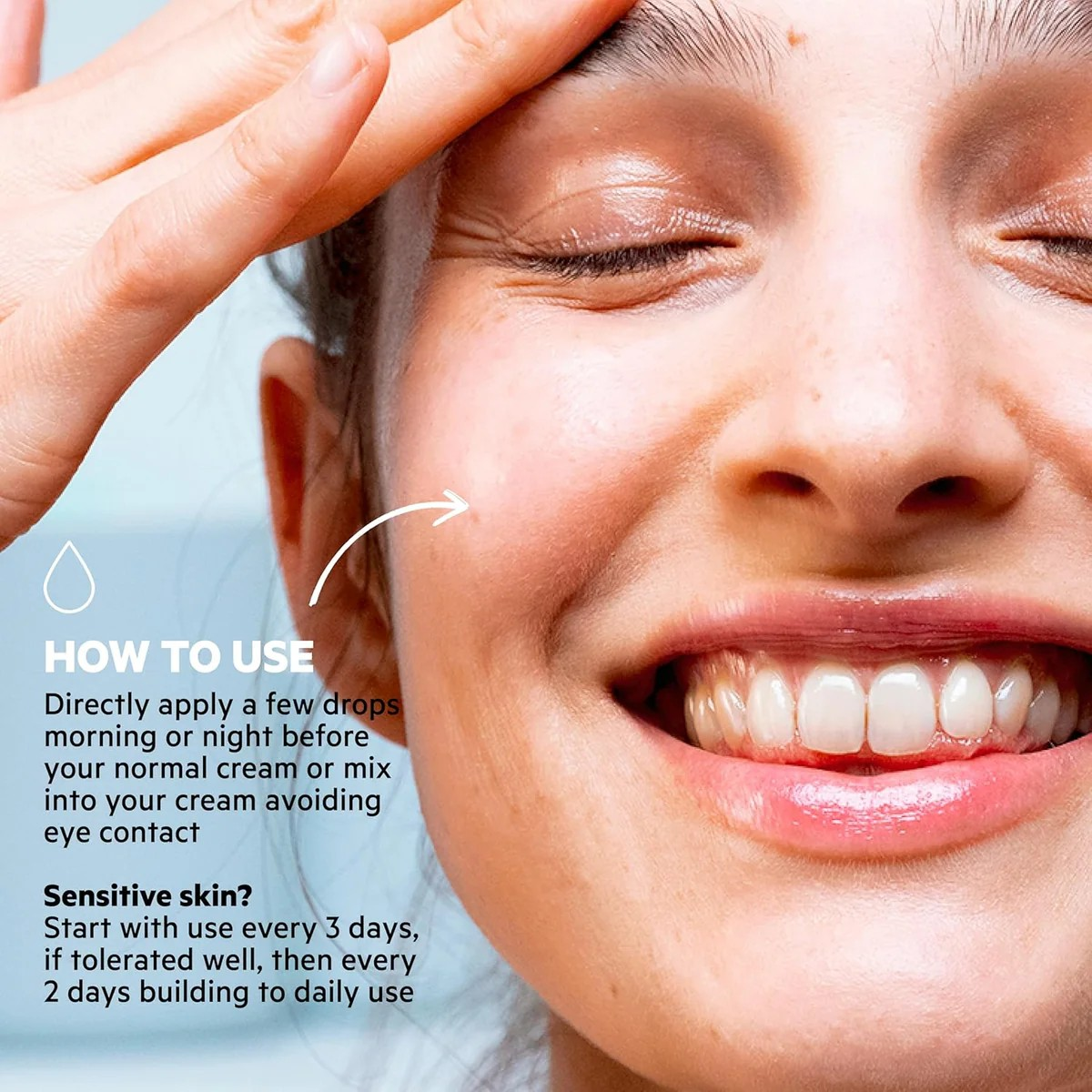 Close-up of a person applying a product to their eye area with text on how to use it.