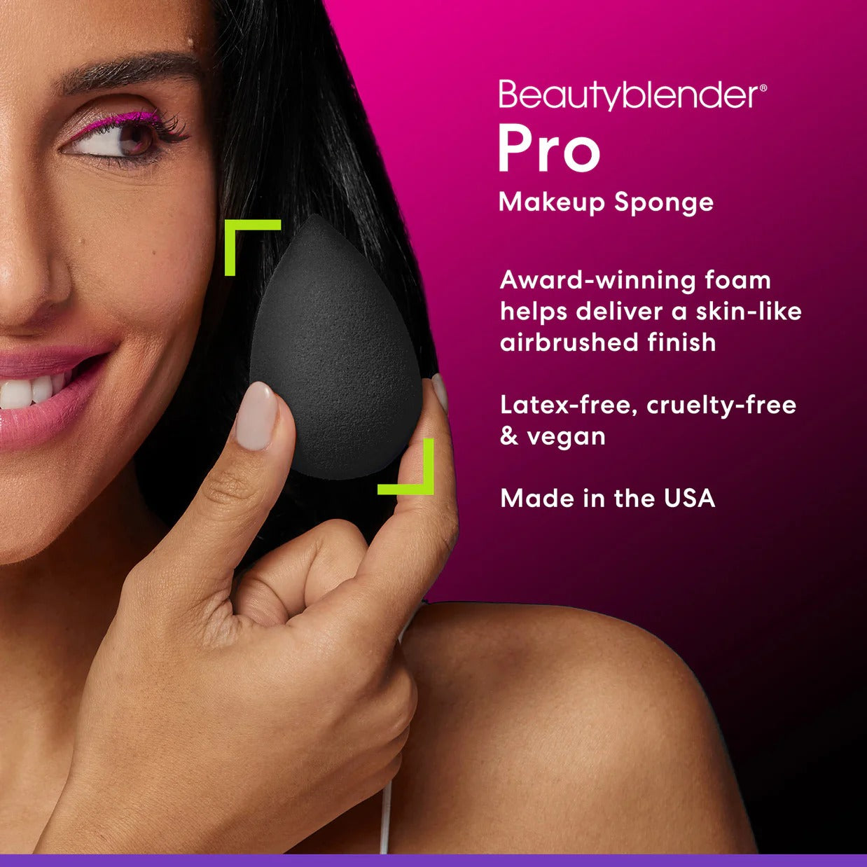 Woman holding a Beautyblender Pro makeup sponge with product details on a purple background