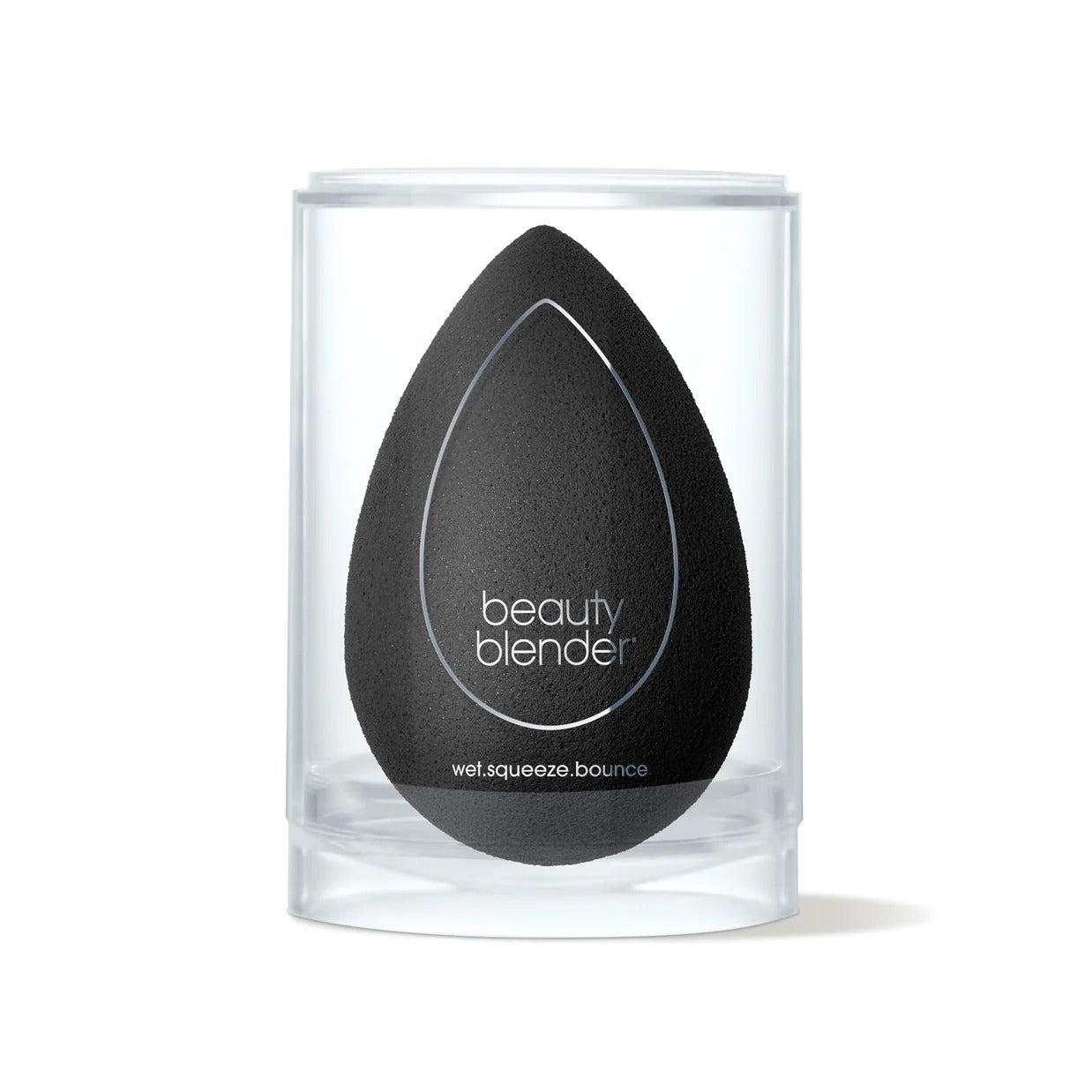 Black beauty blender in a clear container on a white background